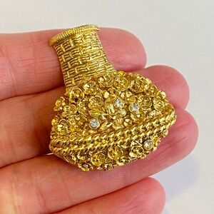 Vintage Avon Gold Tone Flower Basket Rhinestone Locket Perfume Brooch Pin